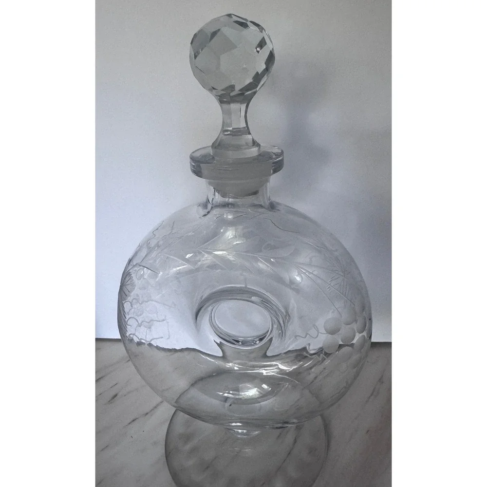 Vintage Etched Glass Donut Decanter Grape Vine Motif Faceted Stopper Clear